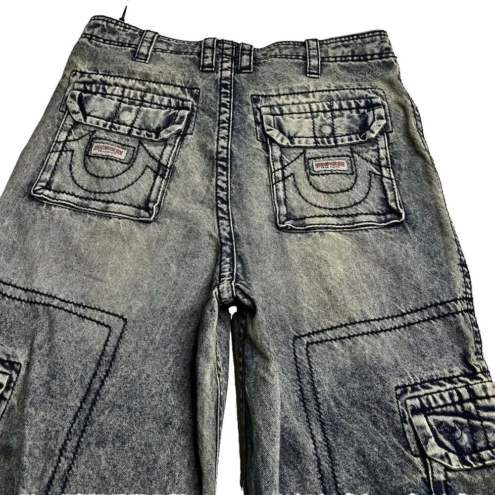 NEW True Religion Big T Cargo Pants Y2K Men 31x34 Acid Wash Denim Baggy Loose